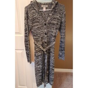 Medium- Hooded, Button Front‎ Womens Knit Belted Cardigan Sweater Black White